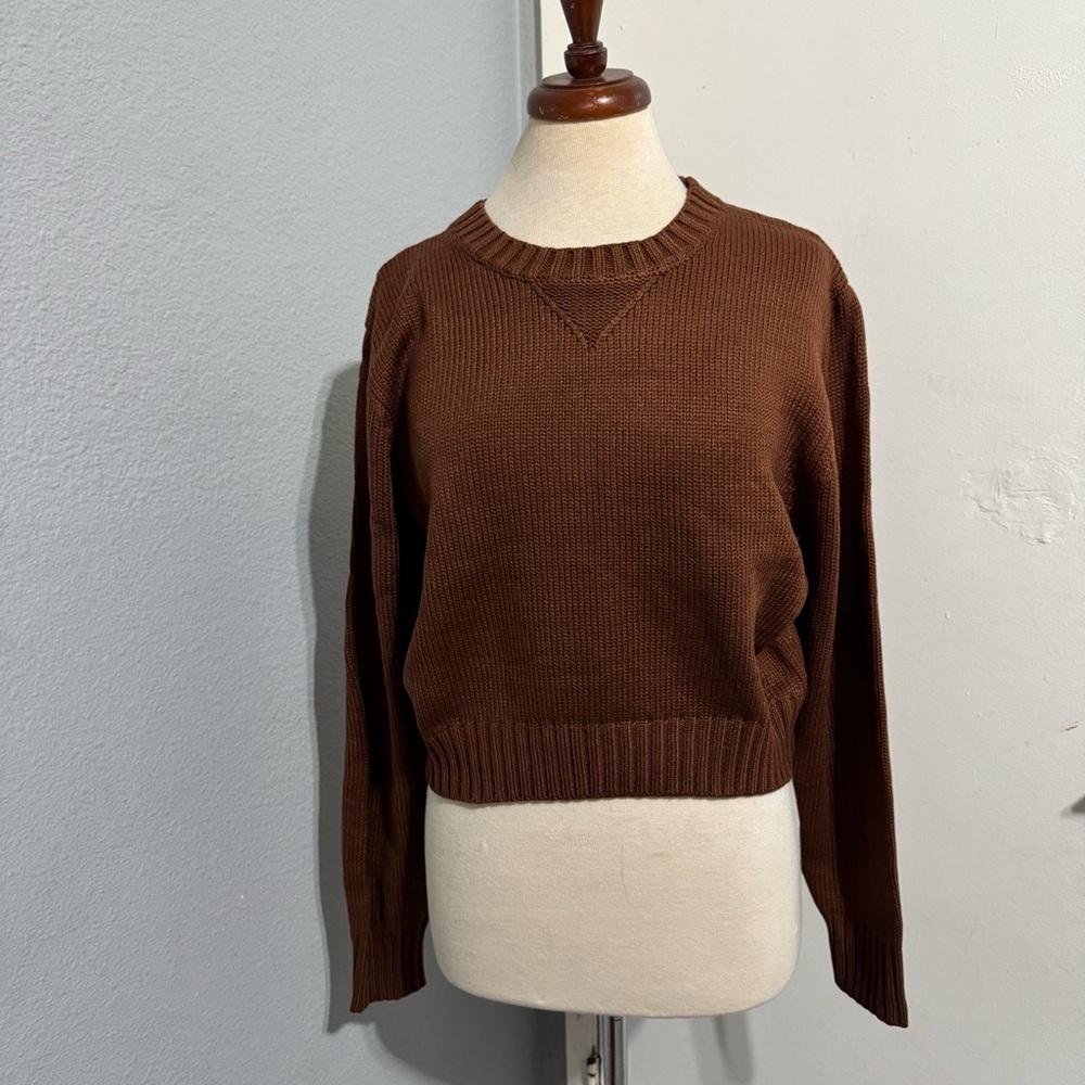 Double Zero Women Brown Long‎ Sleeves Cozy Cropped Relaxed Sweater Size L